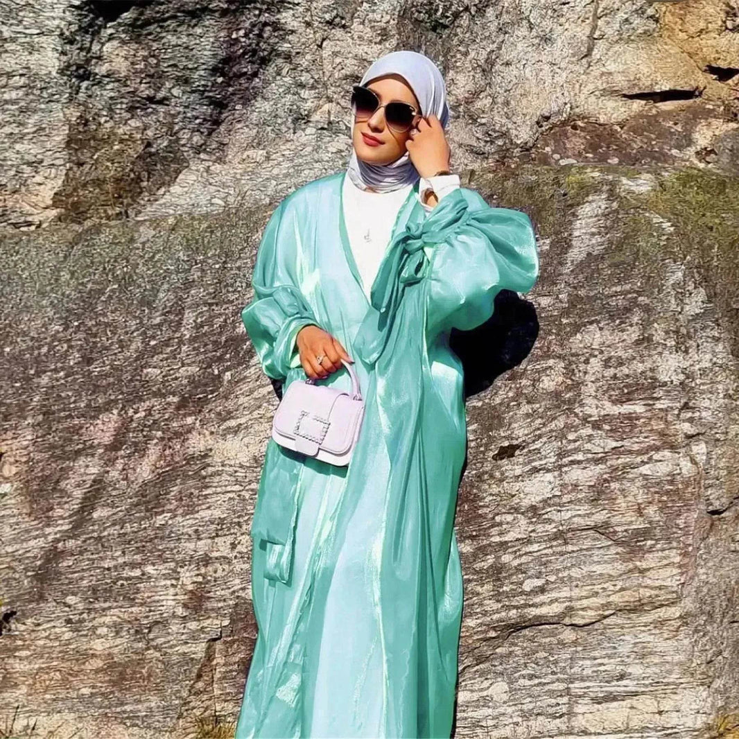 Lily Satin Cardigan Lace-up Bow Robe Abaya Dress for Arab Dubai Turkey Middle East Women - EX-STOCK Canada