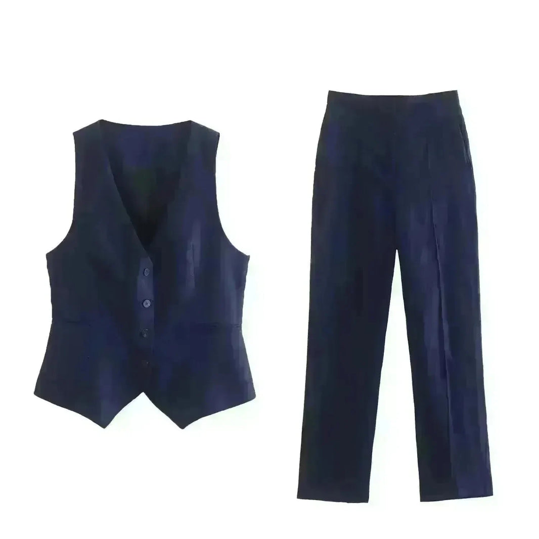 Linen Double Breasted Coat Vest Lines Straight-leg Pants Female Suit - EX-STOCK CANADA
