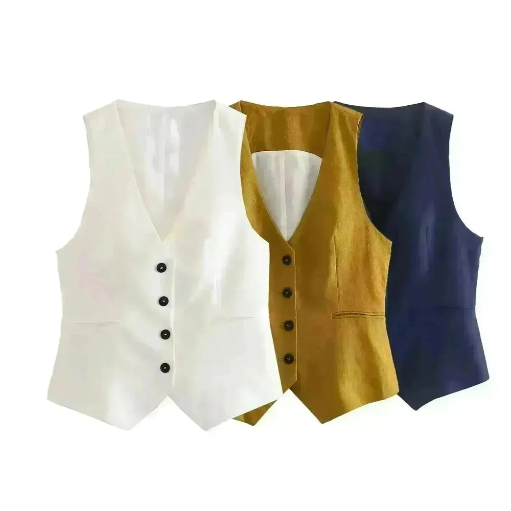 Linen Double Breasted Coat Vest Lines Straight-leg Pants Female Suit - EX-STOCK CANADA