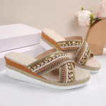 Linen Wedge Sandals Summer Ethnic Style Cross-strap Sandals For Women Non-slip Slides Beach Shoes - EX-STOCK Canada
