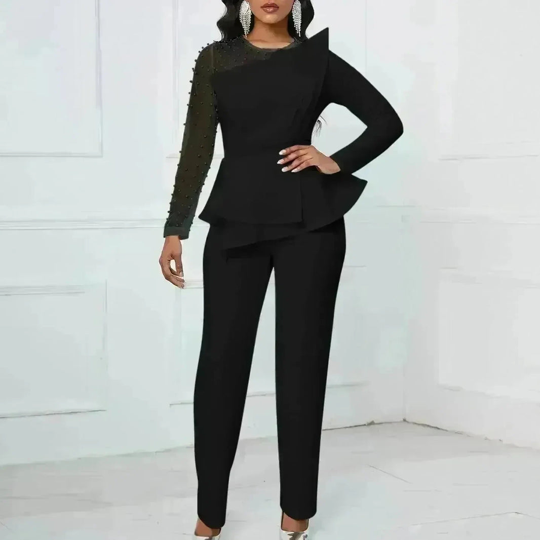 Long Sleeve Mesh Splicing Beads Banquet Plus Size Jumpsuit - EX-STOCK CANADA