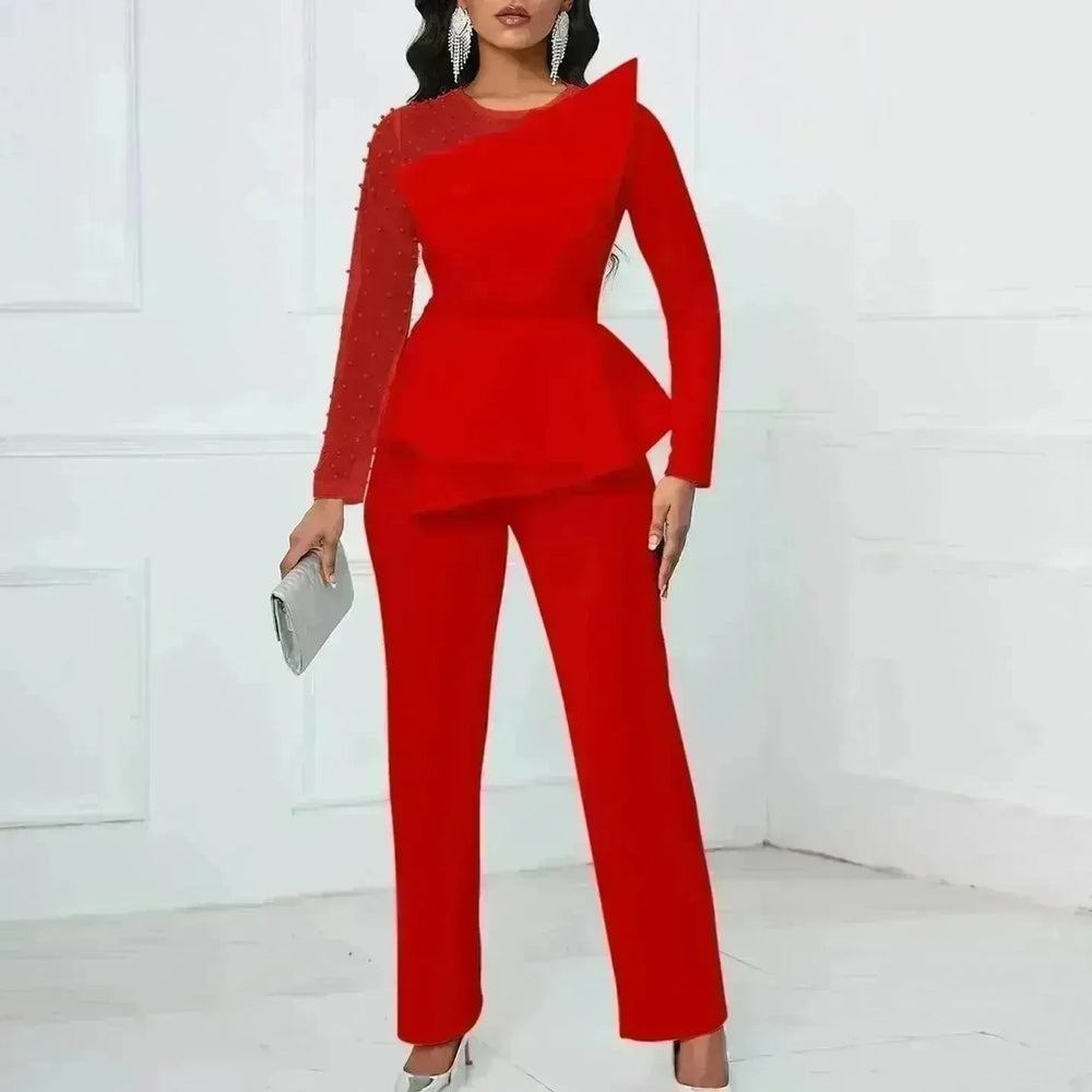 Long Sleeve Mesh Splicing Beads Banquet Plus Size Jumpsuit - EX-STOCK CANADA