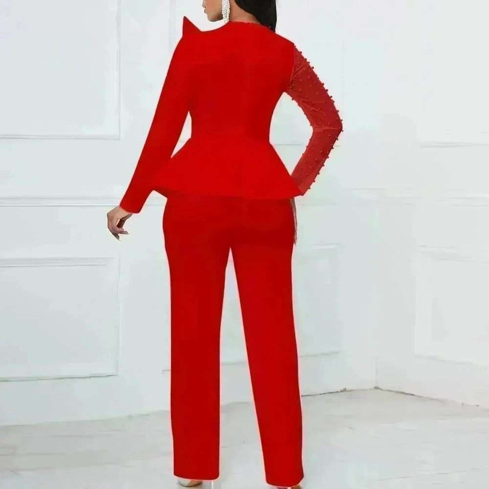 Long Sleeve Mesh Splicing Beads Banquet Plus Size Jumpsuit - EX-STOCK CANADA