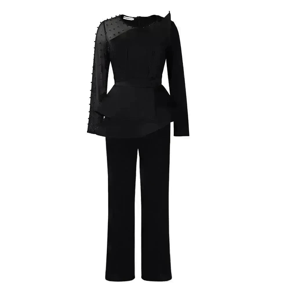 Long Sleeve Mesh Splicing Beads Banquet Plus Size Jumpsuit - EX-STOCK CANADA