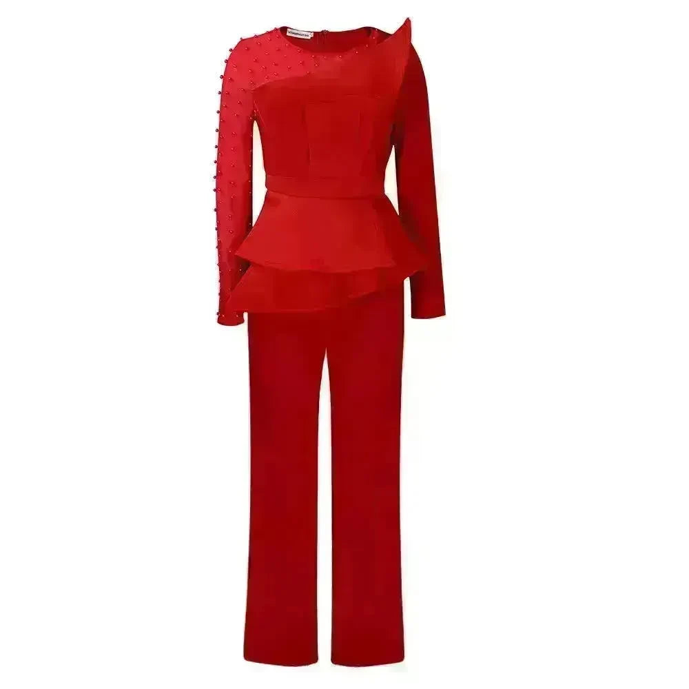 Long Sleeve Mesh Splicing Beads Banquet Plus Size Jumpsuit - EX-STOCK CANADA
