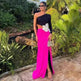 Long Sleeve Rose Red Color Matching Beaded Flower One-shoulder Dress - EX-STOCK CANADA