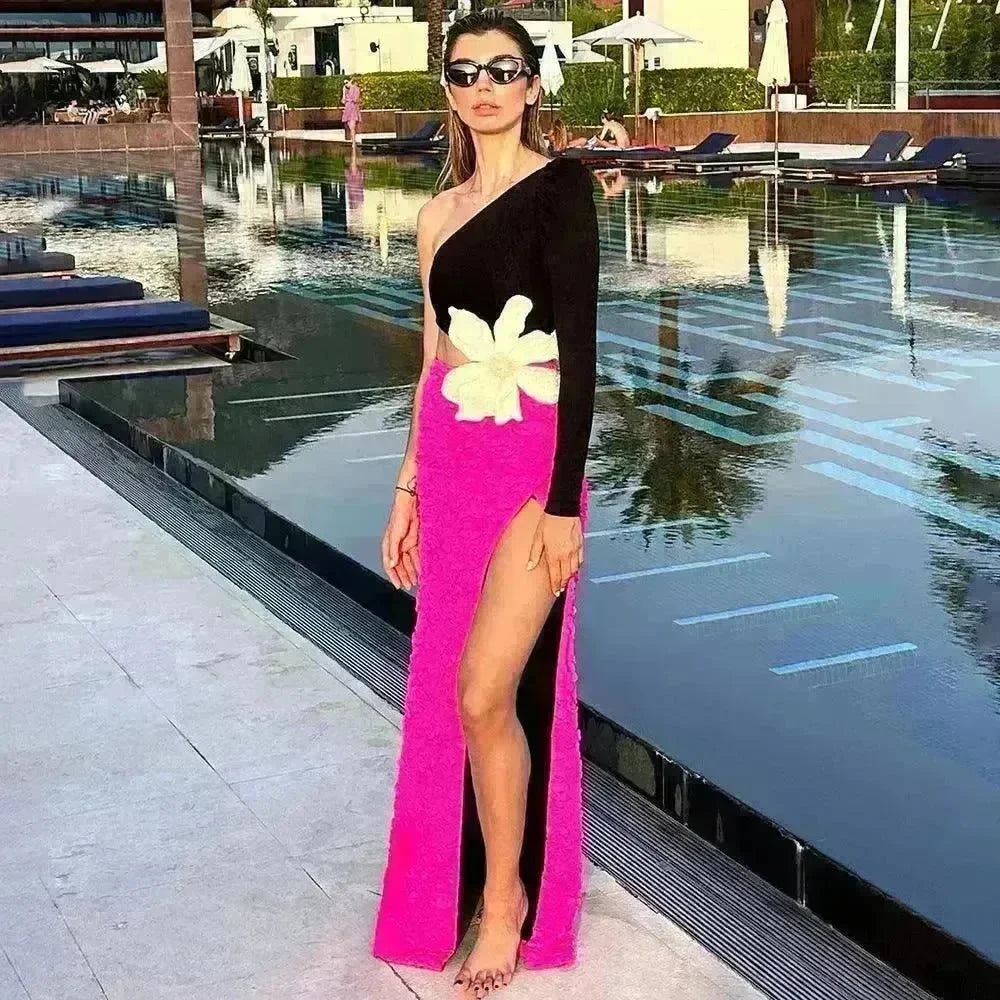 Long Sleeve Rose Red Color Matching Beaded Flower One-shoulder Dress - EX-STOCK CANADA
