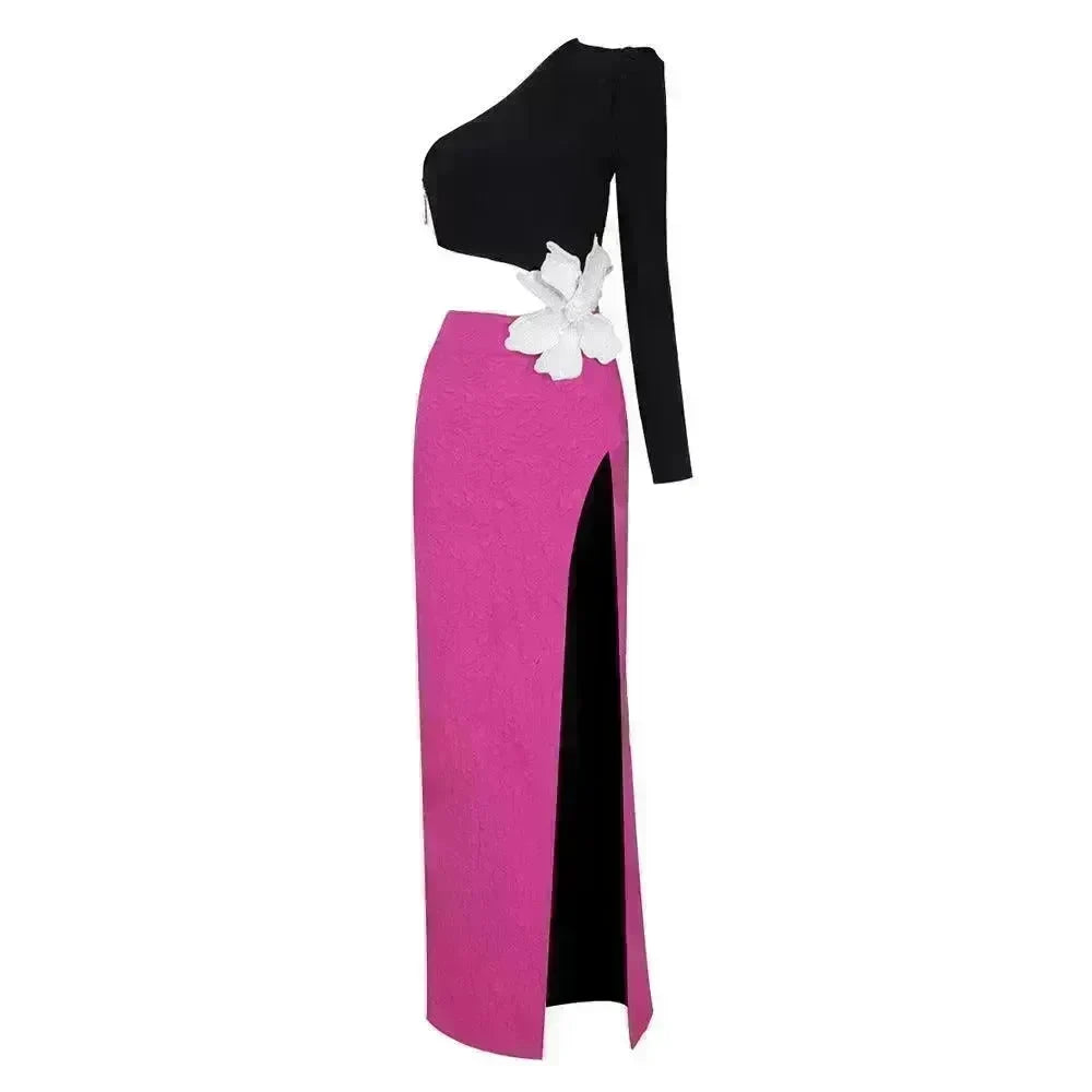 Long Sleeve Rose Red Color Matching Beaded Flower One-shoulder Dress - EX-STOCK CANADA