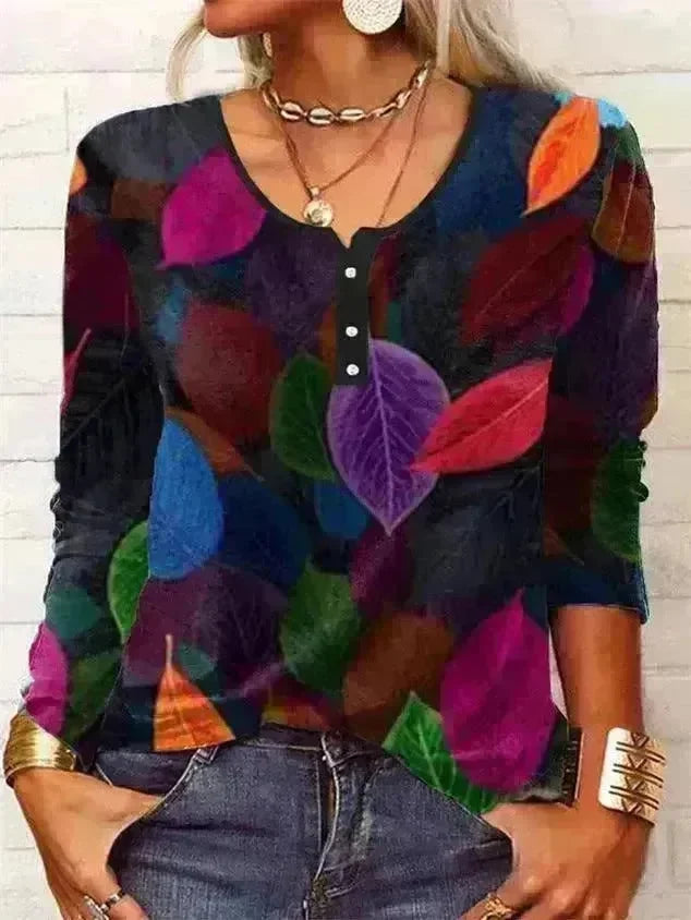Loose Fashion Vintage Flower Print Long Sleeve Round Neck Top - EX-STOCK CANADA
