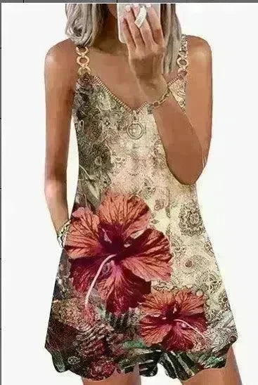 Loose Sleeveless Sling Summer Beach Printed Floral Mini Dress - EX-STOCK CANADA