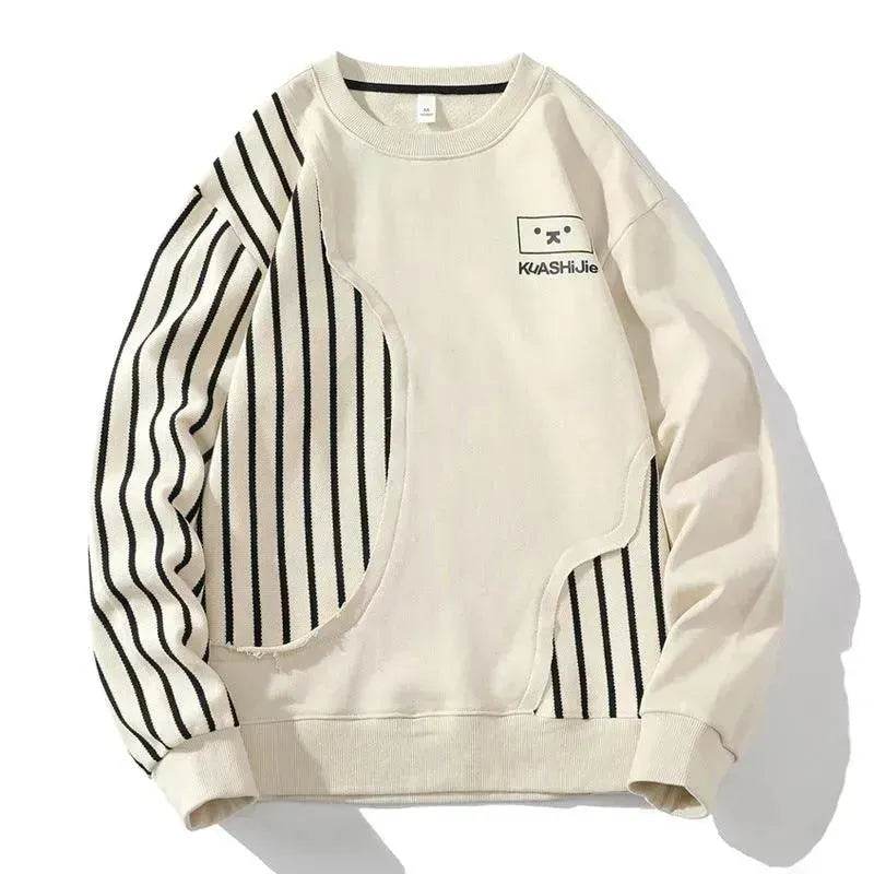 Loose Sports Long-sleeved T-shirt Patchwork Stripes Printed Men's Clothing Round-neck Sweater - EX-STOCK Canada