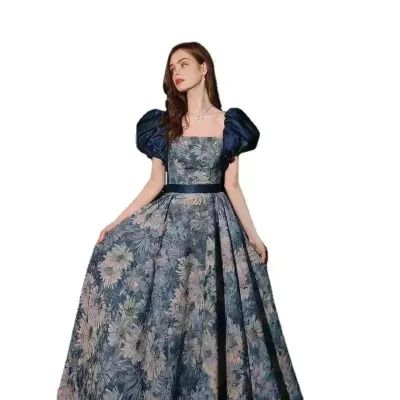 Luxurious Princess Court Oil Painting Style Tube Top Blue Evening Dress Bowl Gown - EX-STOCK CANADA