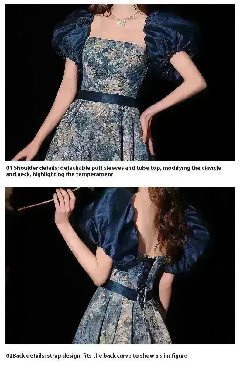 Luxurious Princess Court Oil Painting Style Tube Top Blue Evening Dress Bowl Gown - EX-STOCK CANADA