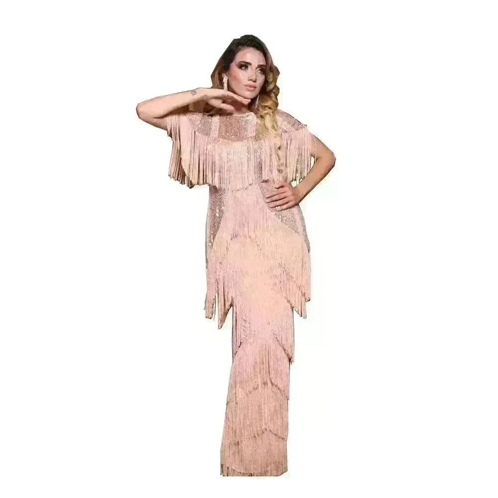 Luxurious Women's Sequined Stretch Fabric Multi-layer Dynamic Tassle Fashion Long Dress for Evening Party Cocktail Wedding Party. - EX-STOCK CANADA