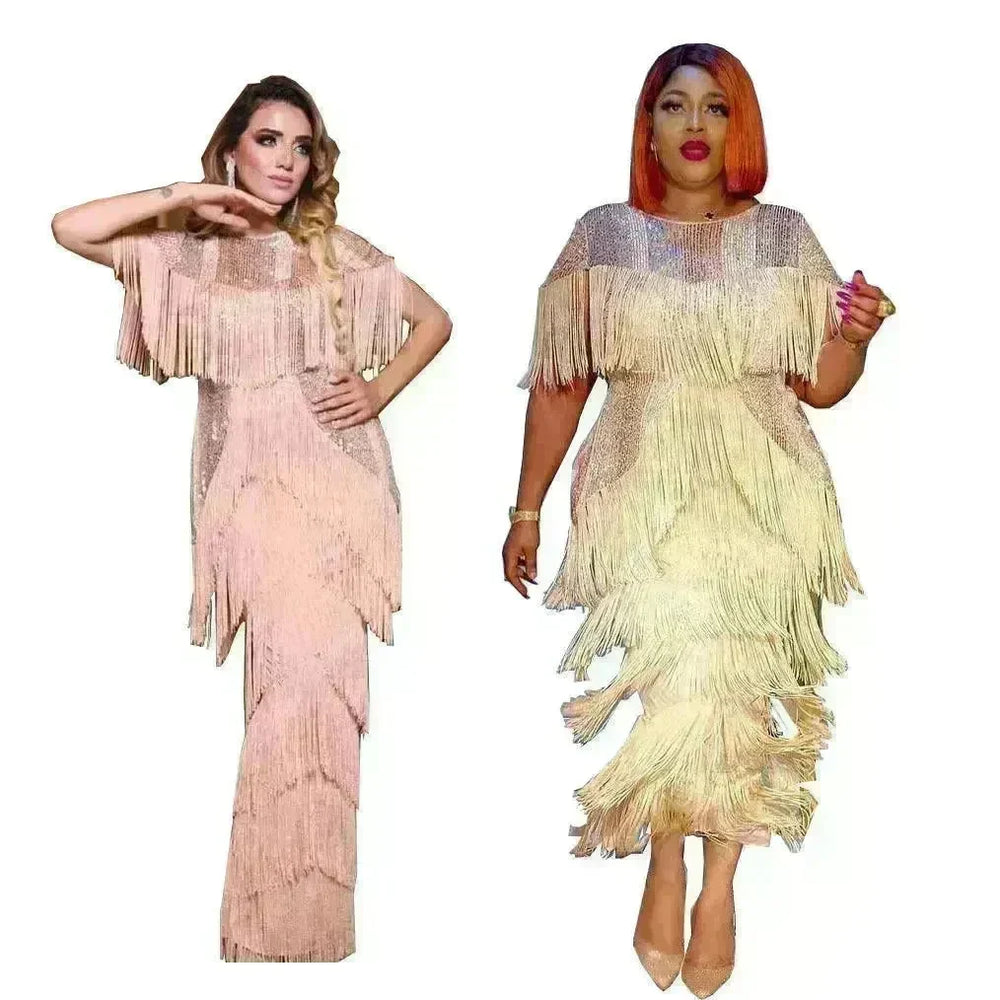 Luxurious Women's Sequined Stretch Fabric Multi-layer Dynamic Tassle Fashion Long Dress for Evening Party Cocktail Wedding Party. - EX-STOCK CANADA