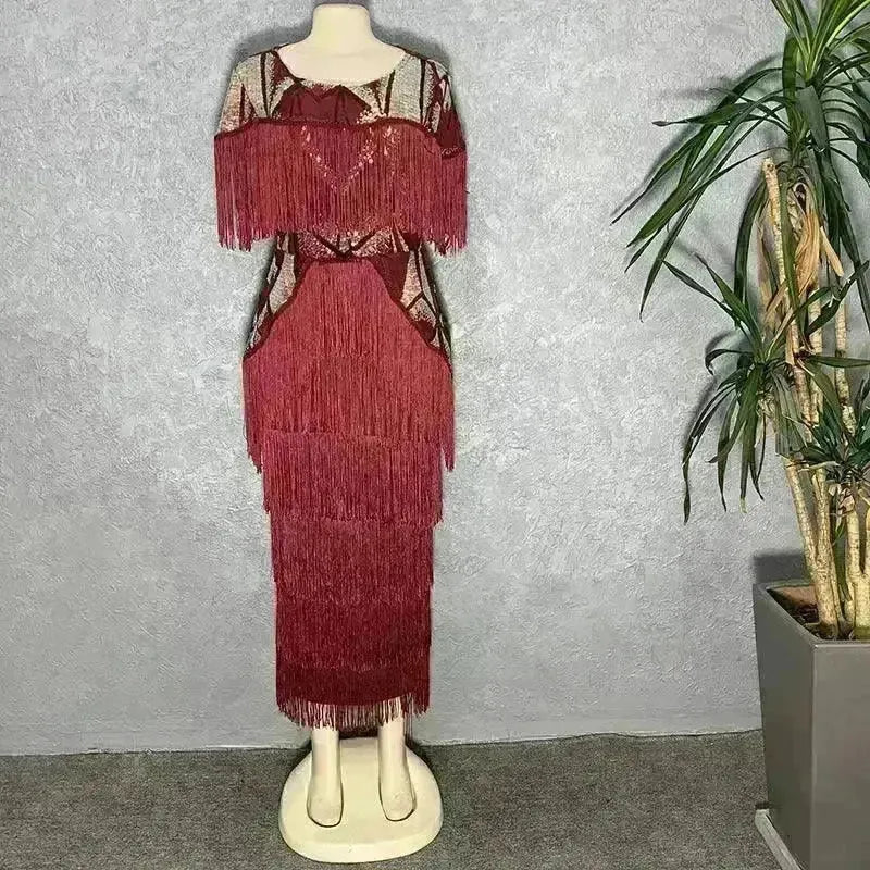 Luxurious Women's Sequined Stretch Fabric Multi-layer Dynamic Tassle Fashion Long Dress for Evening Party Cocktail Wedding Party. - EX-STOCK CANADA