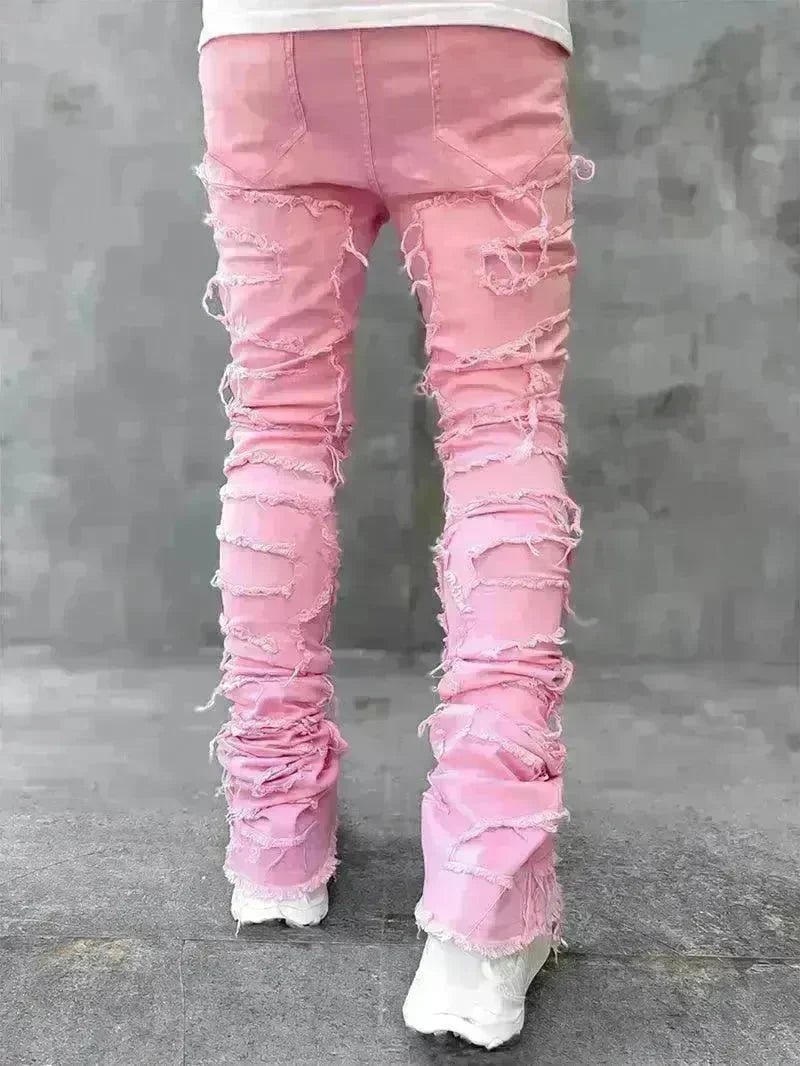 Men Trousers Individual Patched Pants Long Tight Fit Stacked Jeans For Mens Clothing - EX-STOCK CANADA