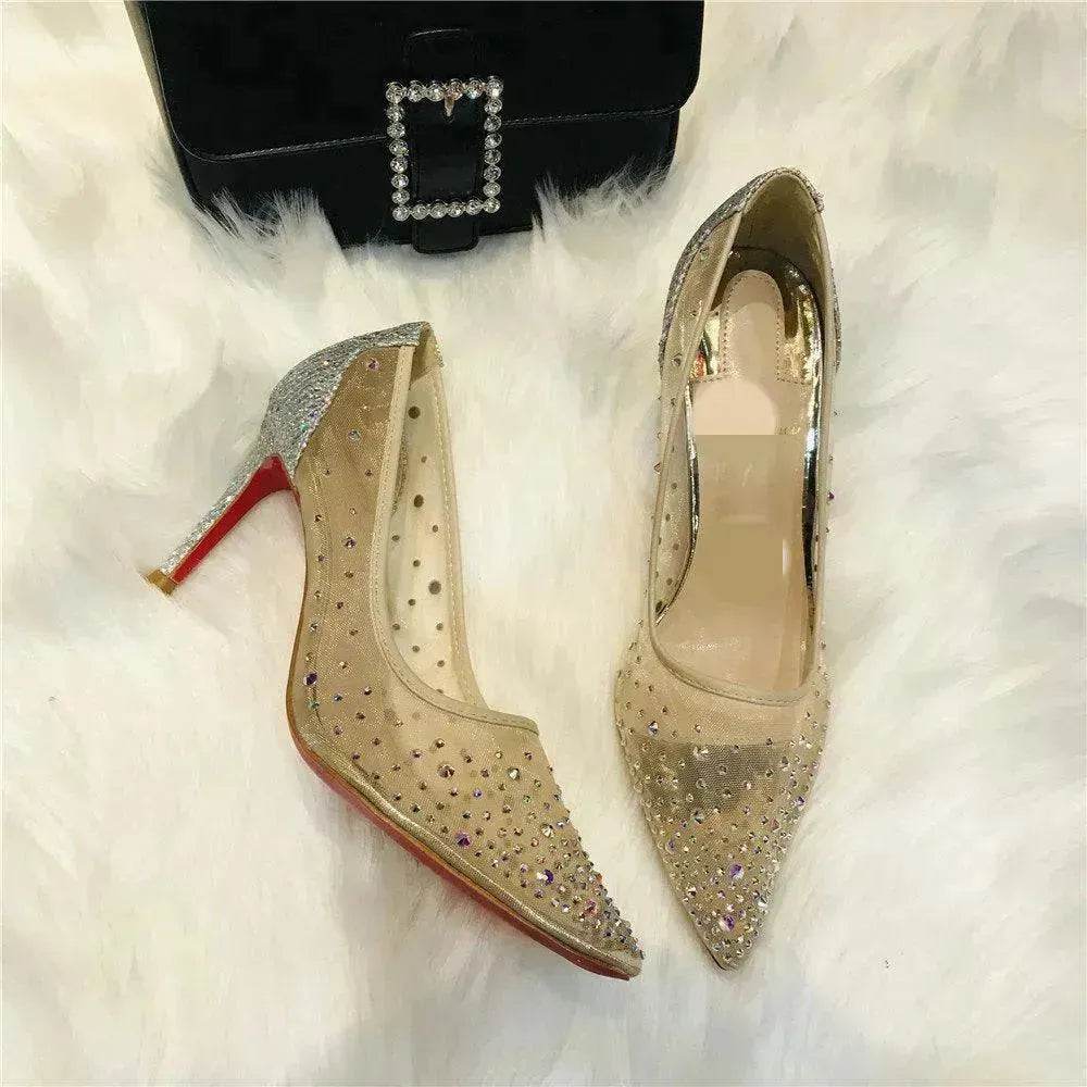 Mesh Rhinestone Transparent Women's Single Shoes Pointed High Heels Women - EX-STOCK Canada