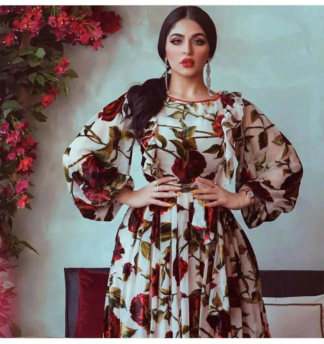 Middle Eastern Turkey Ruffled Rose Printed Bohemian Dress - EX-STOCK Canada