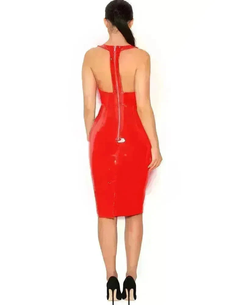 Mirror PU Leather Sleeveless V-neck Tight Dress - EX-STOCK CANADA