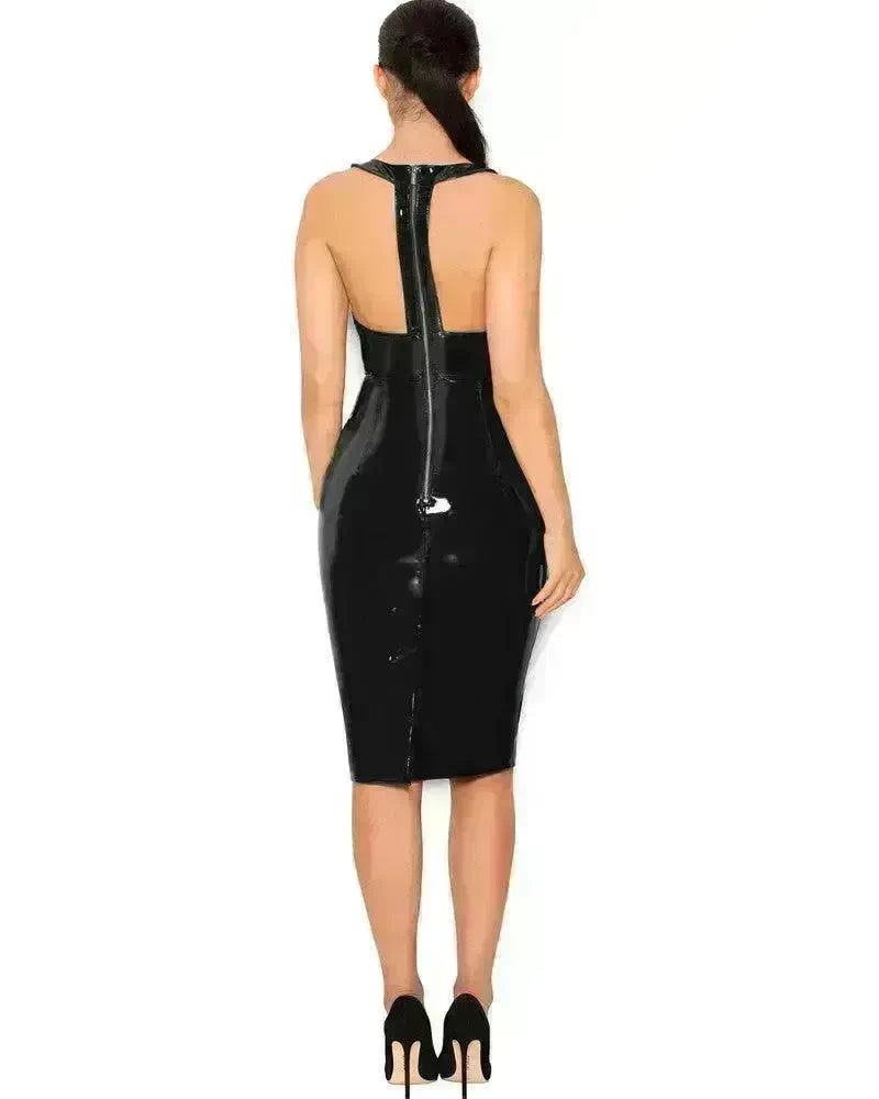 Mirror PU Leather Sleeveless V-neck Tight Dress - EX-STOCK CANADA