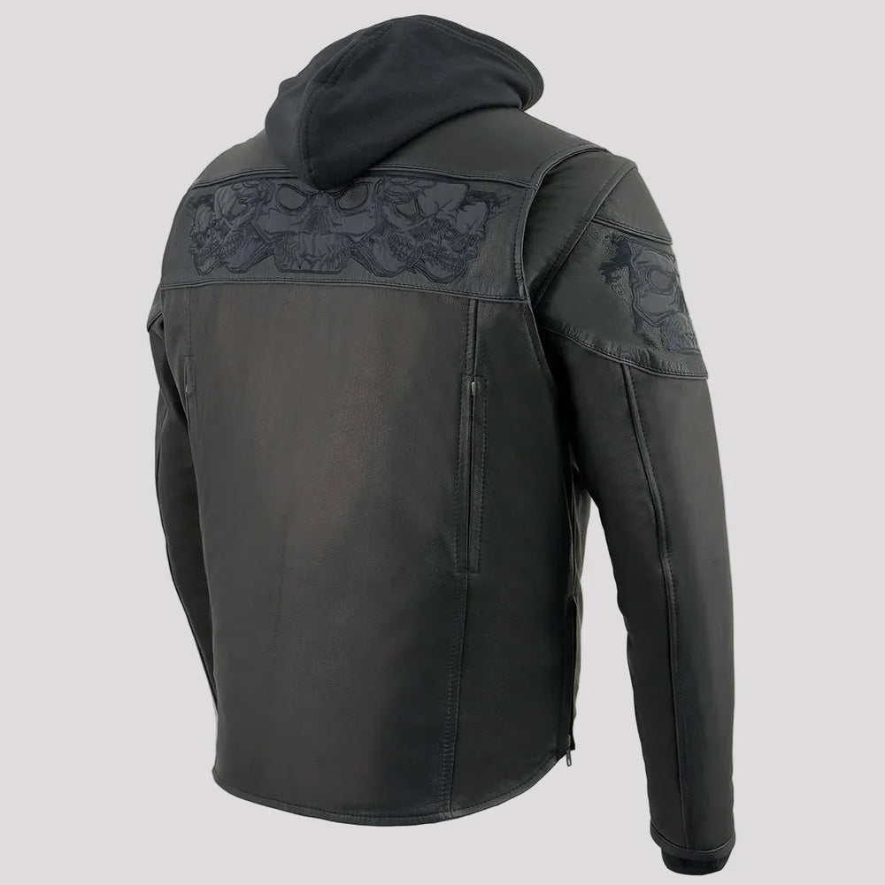 Milwaukee Leather Men's Crossover Scooter Jacket w/ Reflective Skulls & Full Sleeve Removable Hoodie 