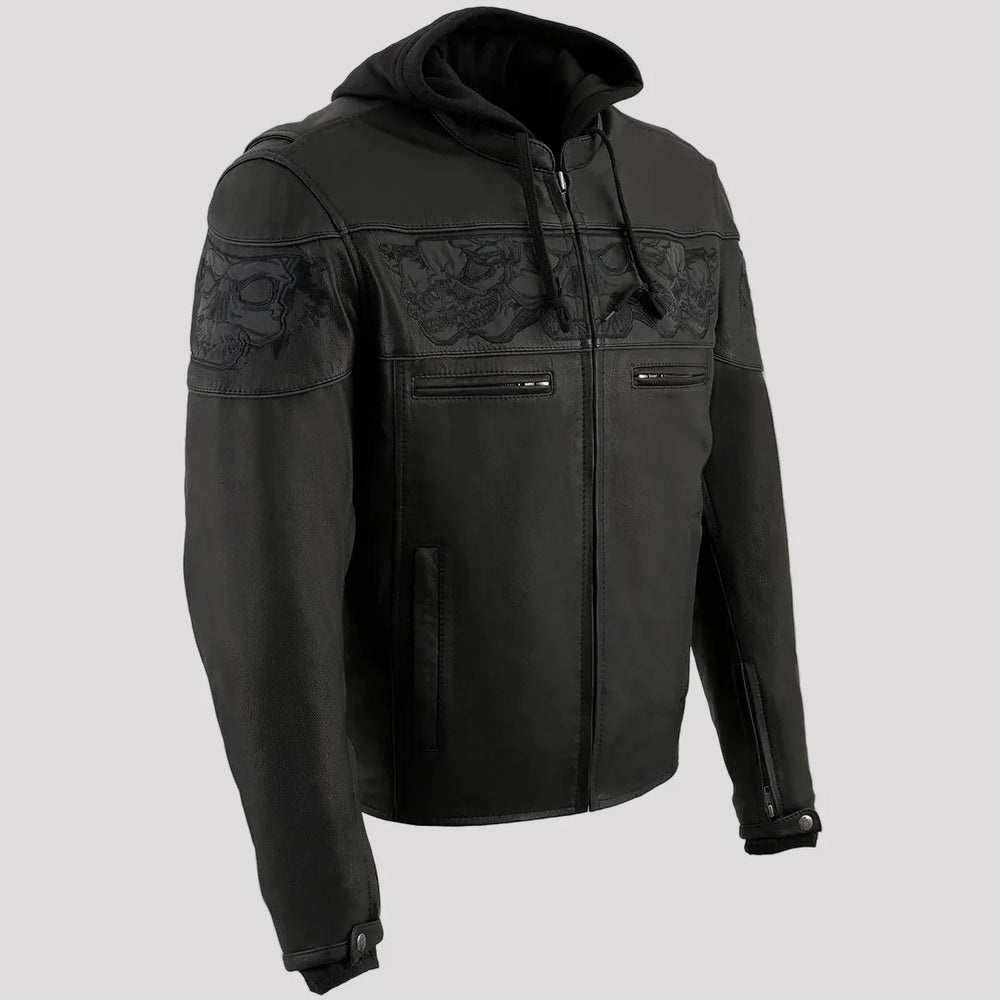 Milwaukee Leather Men's Crossover Scooter Jacket w/ Reflective Skulls & Full Sleeve Removable Hoodie 