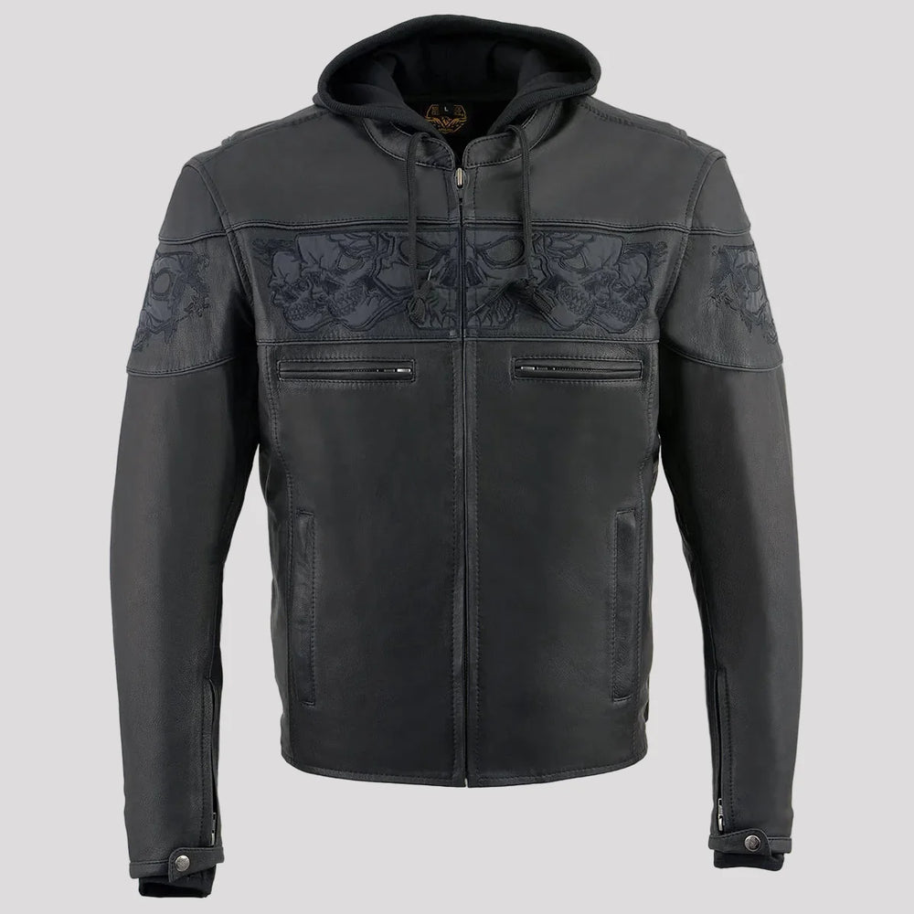 Milwaukee Leather Men's Crossover Scooter Jacket w/ Reflective Skulls & Full Sleeve Removable Hoodie 