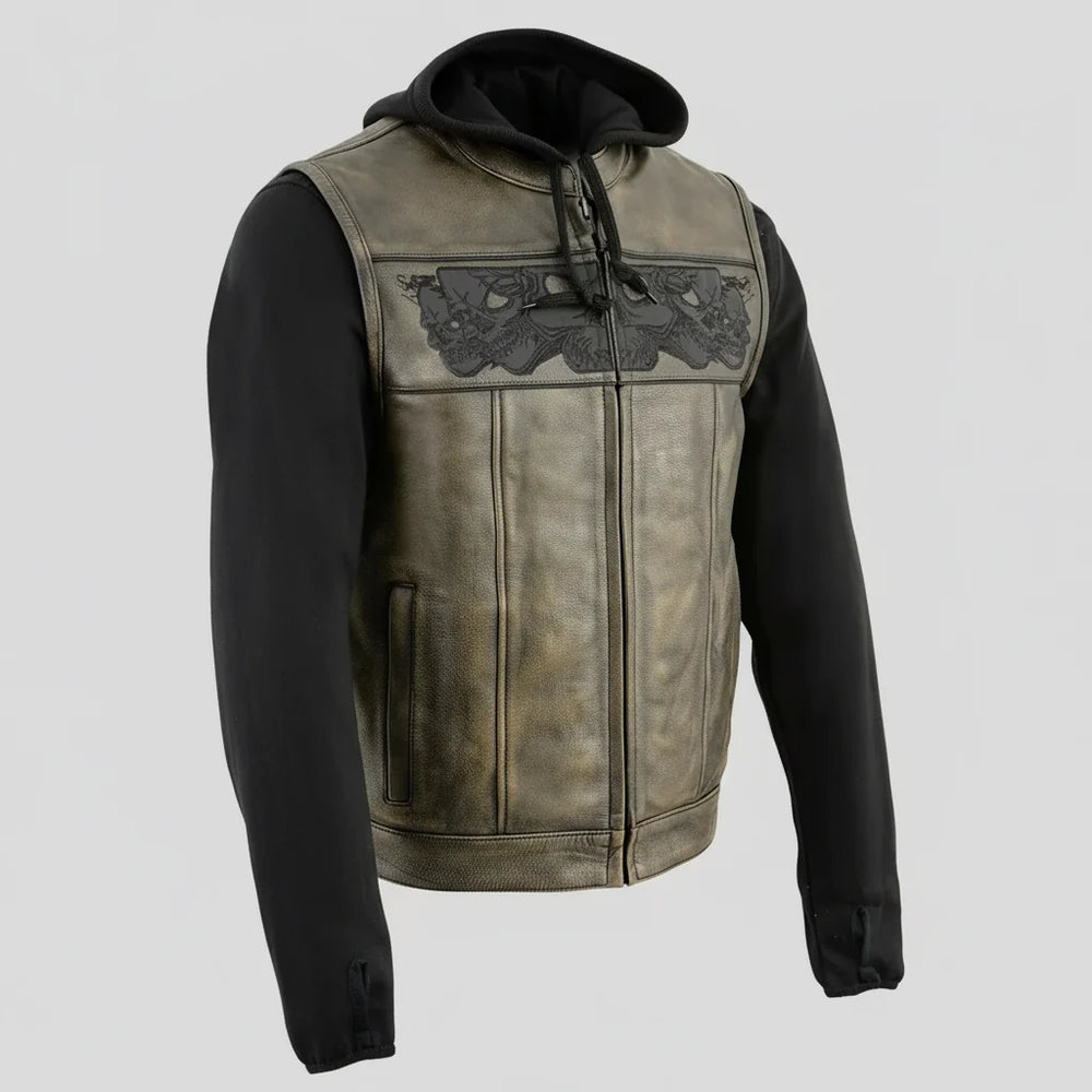 Gilet en cuir Milwaukee Leather pour hommes avec capuche et crâne | Gilet moto 2 en 1 