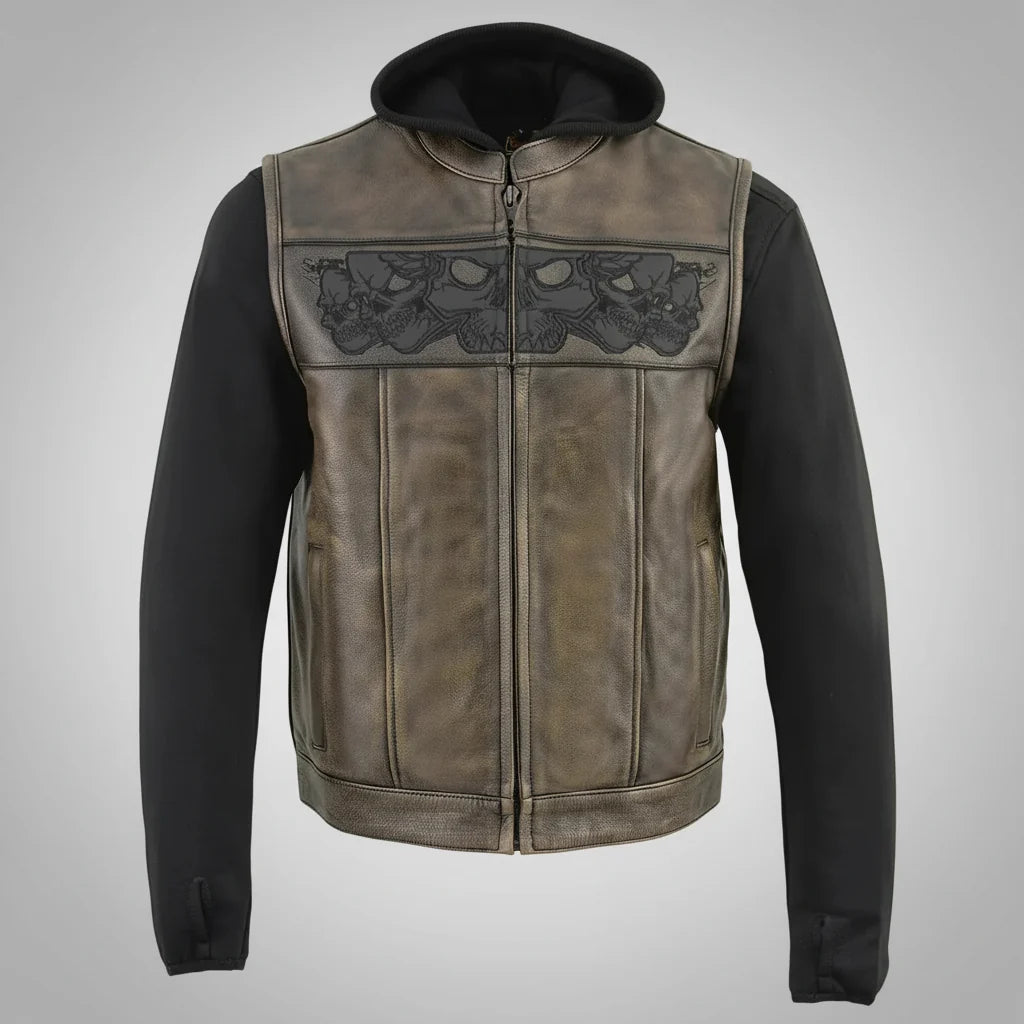 Gilet en cuir Milwaukee Leather pour hommes avec capuche et crâne | Gilet moto 2 en 1 
