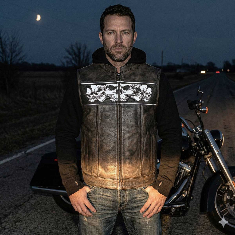 Gilet en cuir Milwaukee Leather pour hommes avec capuche et crâne | Gilet moto 2 en 1 