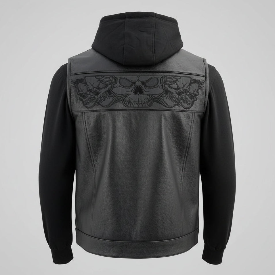 Milwaukee Leather Men's Black Leather Vest with Reflective Skulls & Full Hoodie Liner 