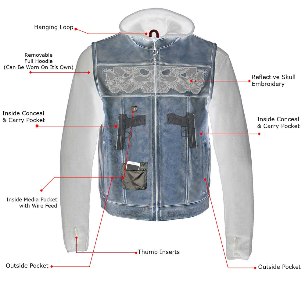 Gilet en cuir Milwaukee Leather pour hommes avec capuche et crâne | Gilet moto 2 en 1 