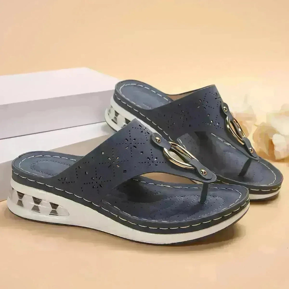 New Air Cushion Thong Sandals Summer Flip Flops Hollow Metal Buckle Wedges Shoes For Women Thick Sole Beach Shoes - EX-STOCK CANADA