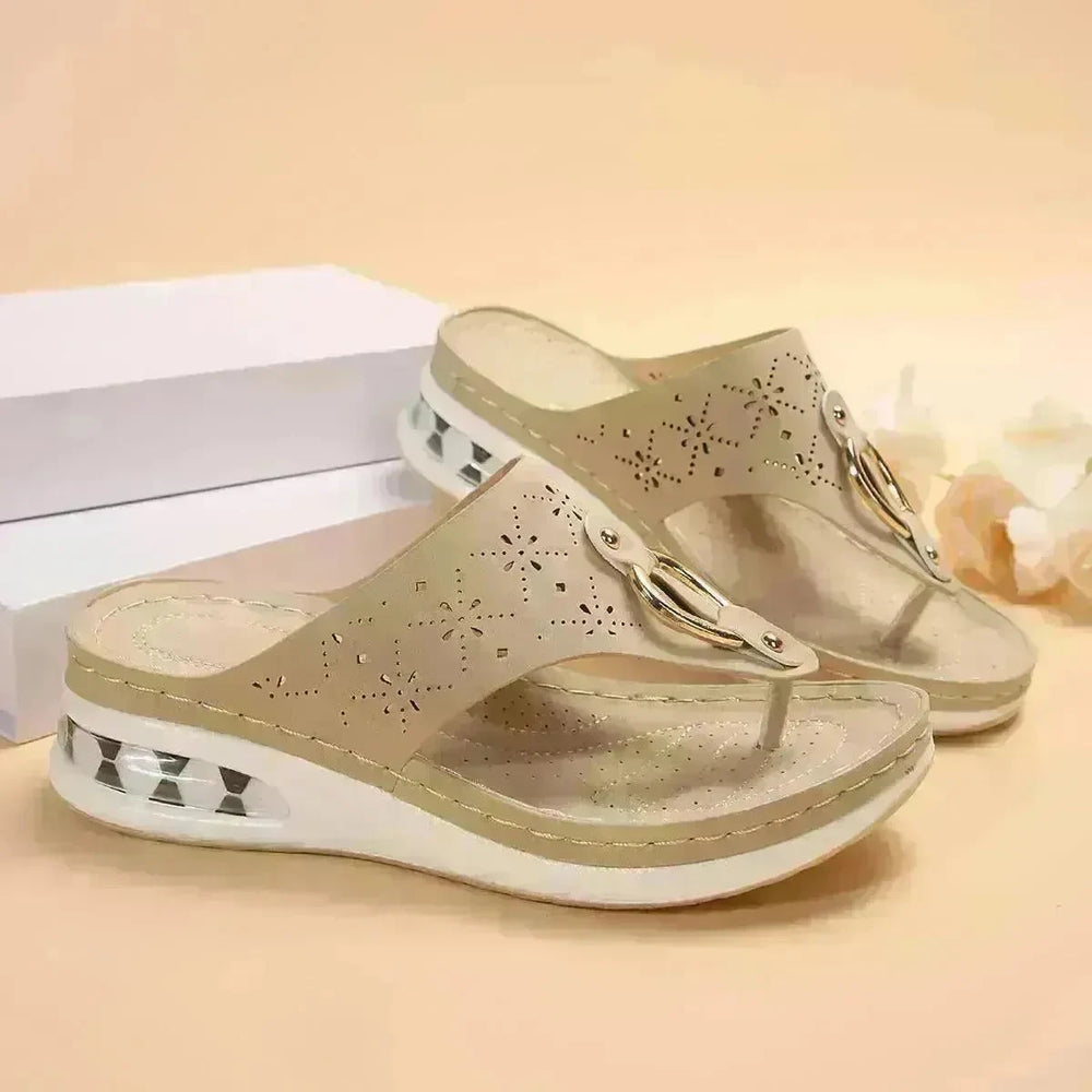 New Air Cushion Thong Sandals Summer Flip Flops Hollow Metal Buckle Wedges Shoes For Women Thick Sole Beach Shoes - EX-STOCK CANADA
