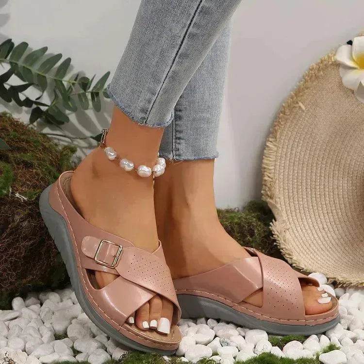 New Buckle Cross-design Slippers Summer Wedges Sandals Fashion Women's Beach Shoes - EX-STOCK Canada