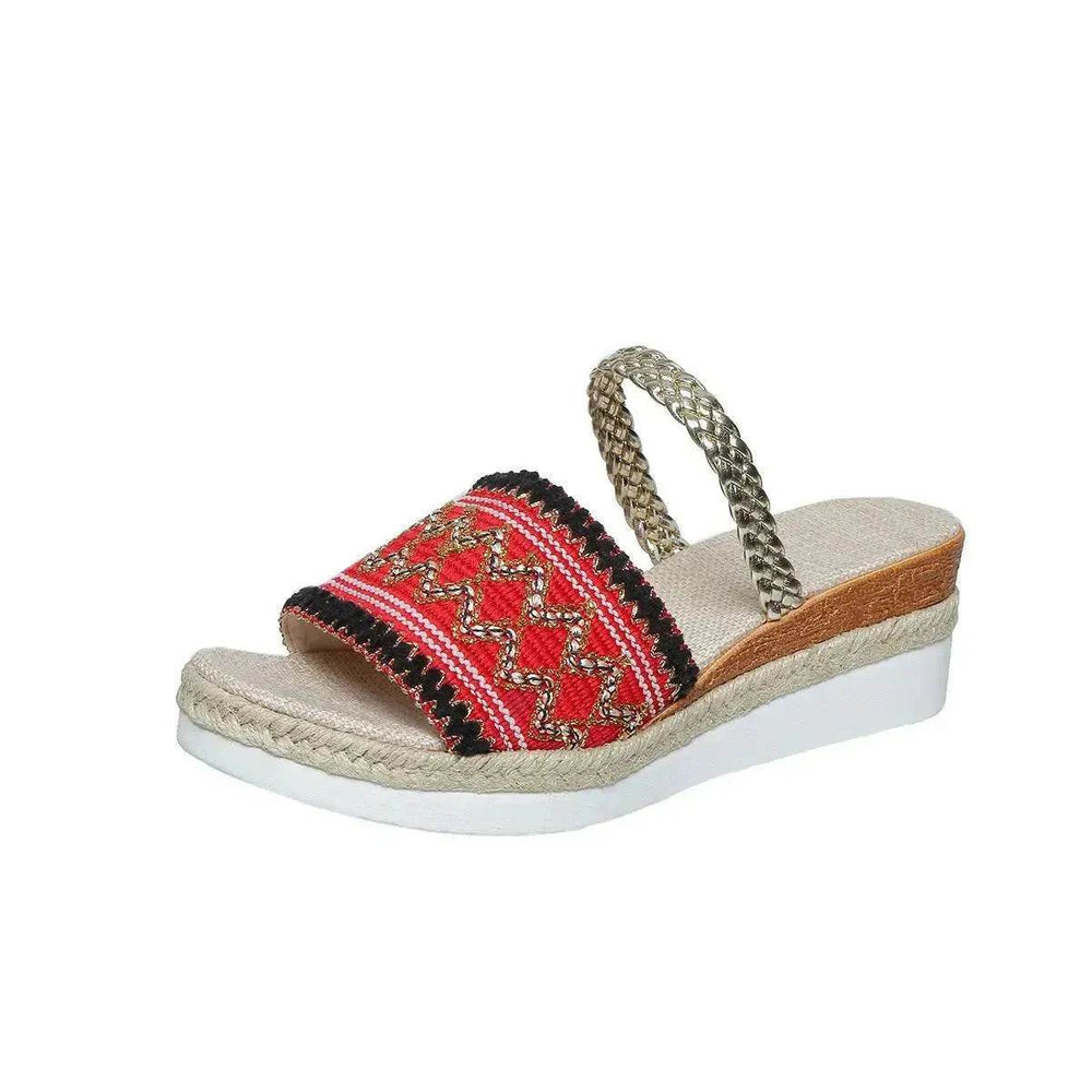 New Color-blocked Wave-patterned Sandals Summer Fashion Wedges Slippers Outdoor Ethnic Style One-line Thick-soled Shoes For Women - EX-STOCK Canada