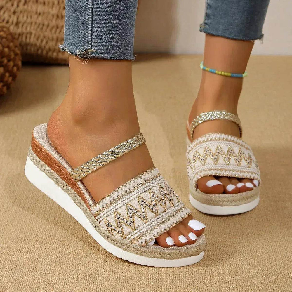 New Color-blocked Wave-patterned Sandals Summer Fashion Wedges Slippers Outdoor Ethnic Style One-line Thick-soled Shoes For Women - EX-STOCK Canada