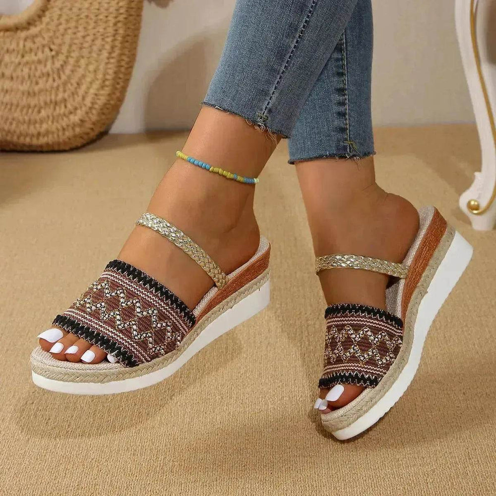 New Color-blocked Wave-patterned Sandals Summer Fashion Wedges Slippers Outdoor Ethnic Style One-line Thick-soled Shoes For Women - EX-STOCK Canada