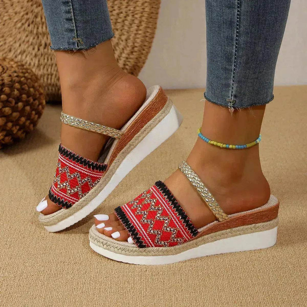 New Color-blocked Wave-patterned Sandals Summer Fashion Wedges Slippers Outdoor Ethnic Style One-line Thick-soled Shoes For Women - EX-STOCK Canada
