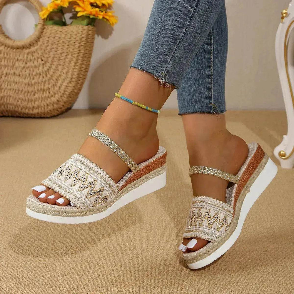 New Color-blocked Wave-patterned Sandals Summer Fashion Wedges Slippers Outdoor Ethnic Style One-line Thick-soled Shoes For Women - EX-STOCK Canada