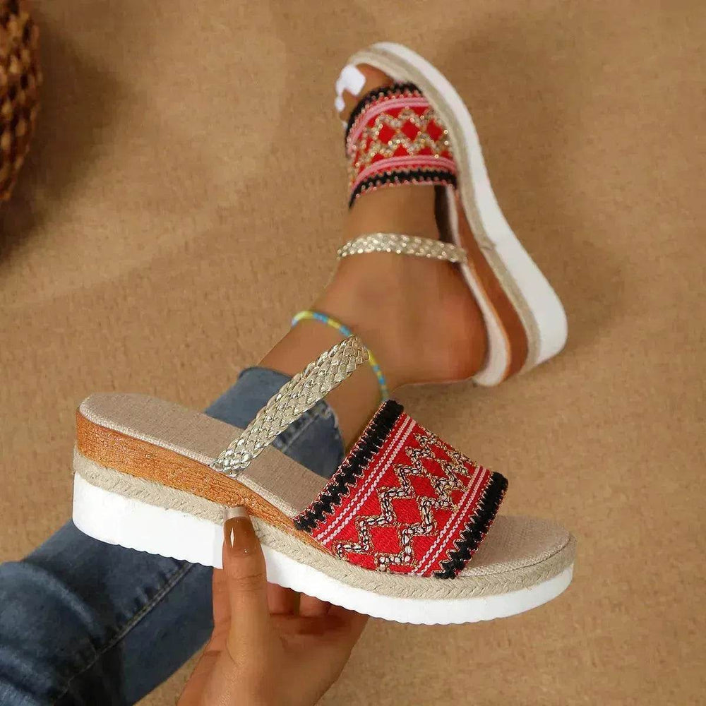 New Color-blocked Wave-patterned Sandals Summer Fashion Wedges Slippers Outdoor Ethnic Style One-line Thick-soled Shoes For Women - EX-STOCK Canada