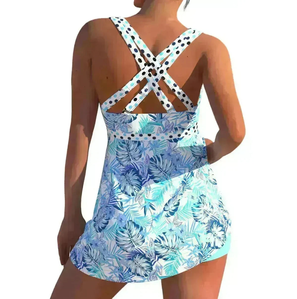New European And American Plus Size Cherry Blossom Cross Strap Multi-color Skirt Split Women's Swimsuit - EX-STOCK CANADA