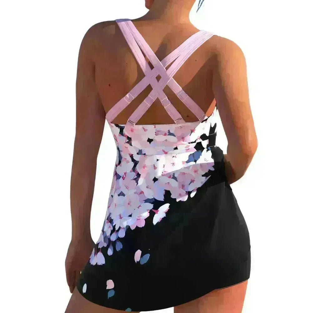 New European And American Plus Size Cherry Blossom Cross Strap Multi-color Skirt Split Women's Swimsuit - EX-STOCK CANADA