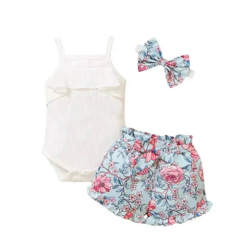 New Summer Baby Girl Suit Cotton Sleeveless Top Floral Pant Bow Tie Children Clothing - EX-STOCK Canada