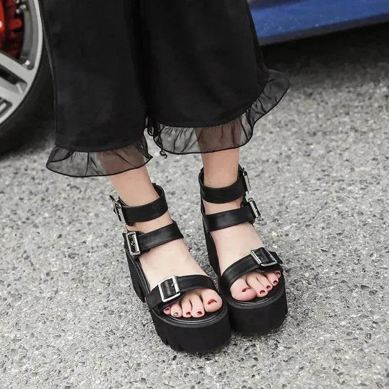 New Summer Roman Style European and American Ladies Ankle buckle Leather High Heel Wedge Black sandals . - EX-STOCK Canada