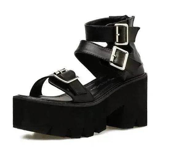 New Summer Roman Style European and American Ladies Ankle buckle Leather High Heel Wedge Black sandals . - EX-STOCK Canada