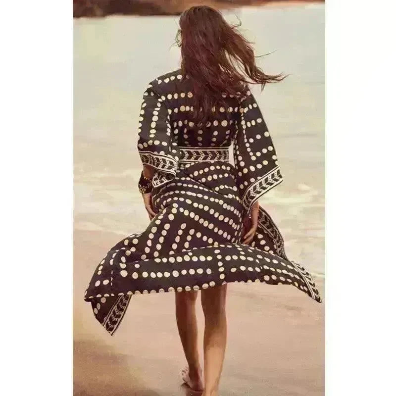 New Sunscreen Printed Long Sleeve Cardigan Bohemian Beach Dress - EX-STOCK CANADA