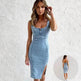 New U-neck Suspender Denim Dress Summer Casual Tight Slim Fit Dresses With Slit Design Womens Clothing - EX-STOCK Canada