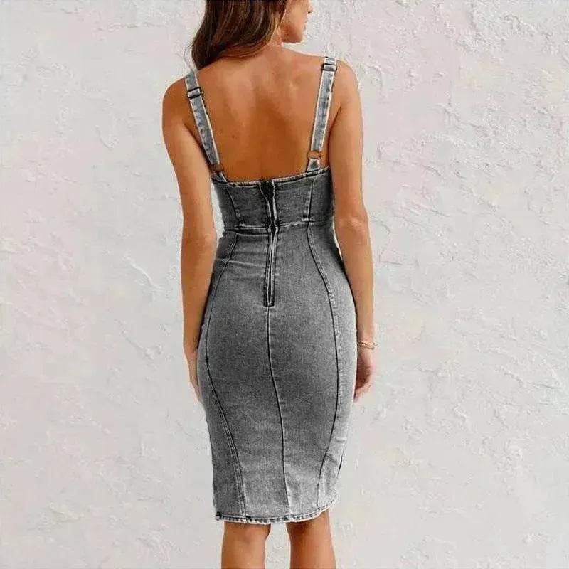 New U-neck Suspender Denim Dress Summer Casual Tight Slim Fit Dresses With Slit Design Womens Clothing - EX-STOCK Canada
